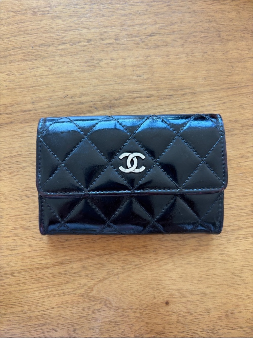 CHANEL Black Quilted Patent Card & Key Holder with Silver CC Snap closure